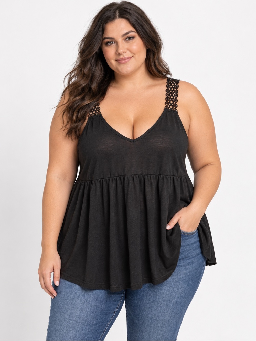 Black Crochet Strap Babydoll Tank Top Plus Size 3XL